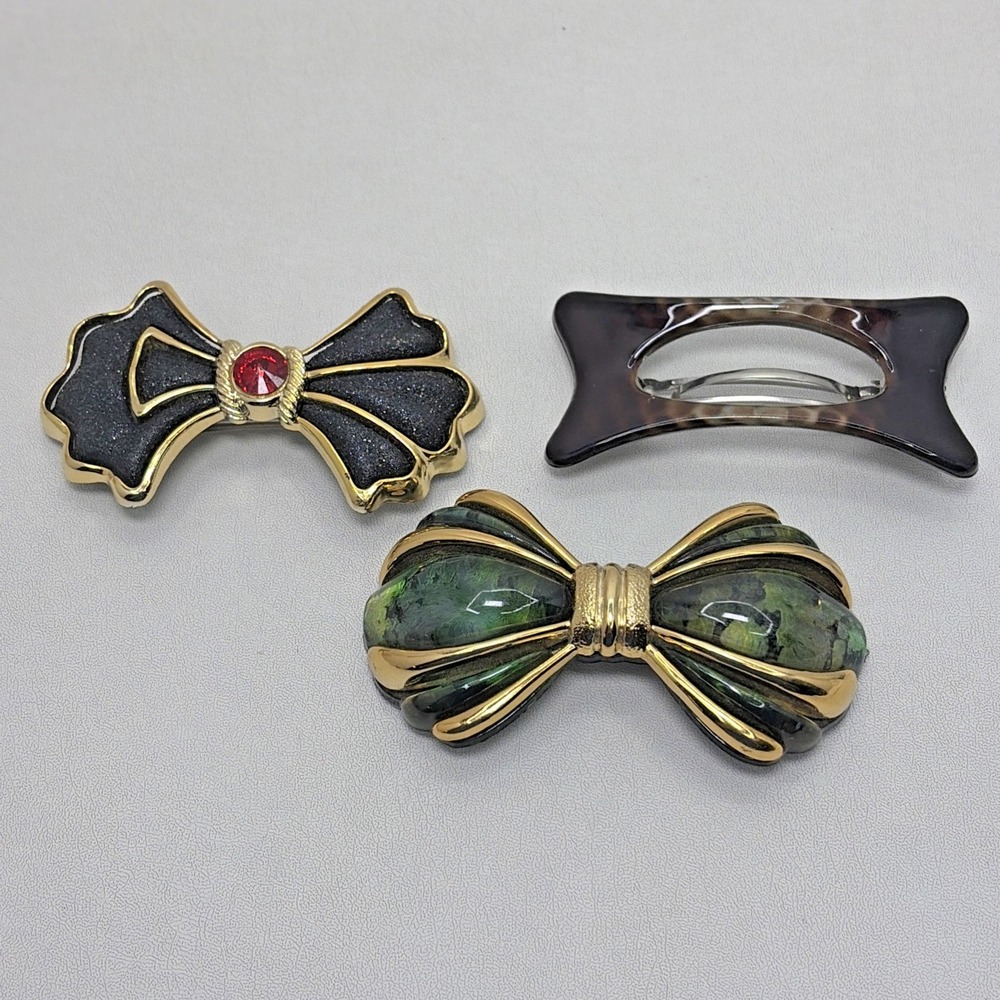 Vintage Lot Of 3 Taiwan Bow Hair Barrette Large 4" Sculpted Lucite Clip Glitter